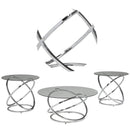 Contemporary Glass Top Table Set With Metal Rings Base, Clear And Silver