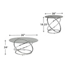 Contemporary Glass Top Table Set With Metal Rings Base, Clear And Silver