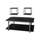 Metal Framed Table Set With Tempered Glass Top And Lower Shelf, Set Of Three, Black And Silver