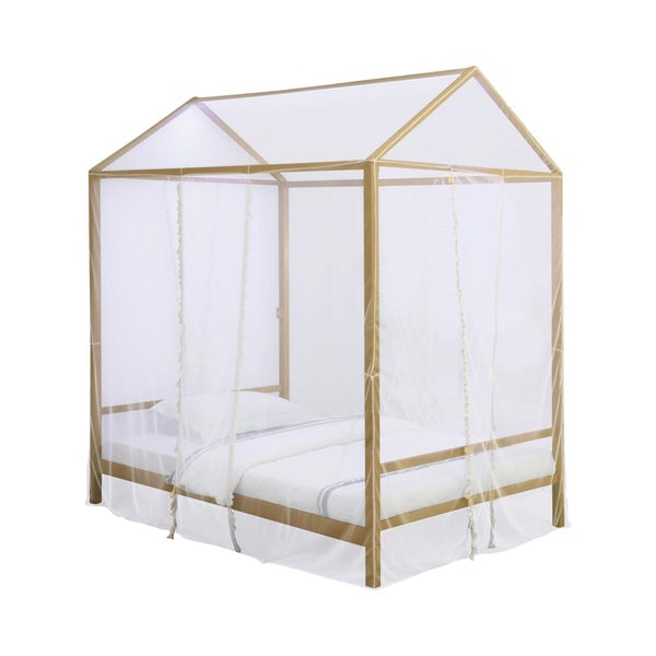 Full Size Metal Canopy Bed With Sheer Net And Overhead LED Lighting, Gold