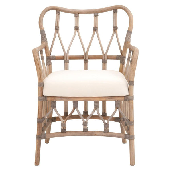 Lattice Design Wooden Arm Chair With Rattan Binding, Brown