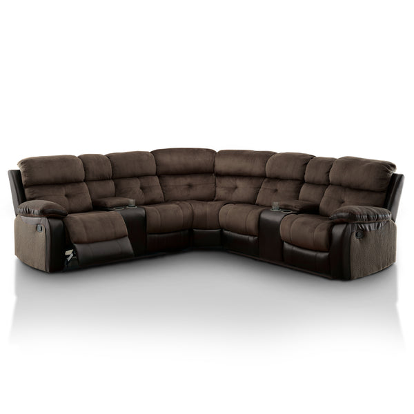 Roxan Transitional Champion Fabric and Faux Leather Reclining Sectional with 2 Consoles