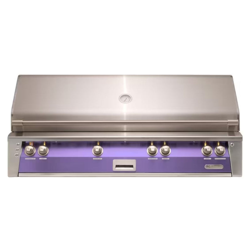 Alfresco 56" Built-In Stainless Steel Gas Grill in Blue Lilac with Rotisserie, Sear Zone & Smoker Drawer

