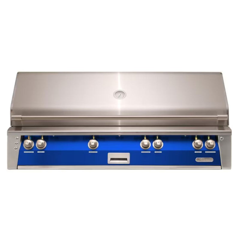 Alfresco 56" Built-In Stainless Steel Gas Grill in Ultramarine Blue with Rotisserie, Sear Zone & Smoker Drawer