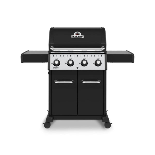 Broil King 57" Crown 420 4-Burner Black Gas Grill with Cast Iron Grids & Drop-Down Shelves