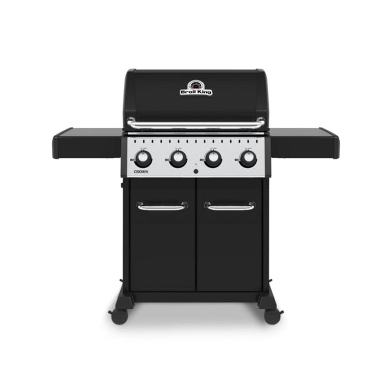 Broil King 57" Crown 420 4-Burner Black Gas Grill with Cast Iron Grids & Drop-Down Shelves