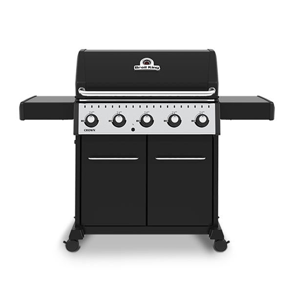 Broil King Crown 520 63" 5-Burner Black Gas Grill with Cast Iron Grids & Fold-Down Shelves