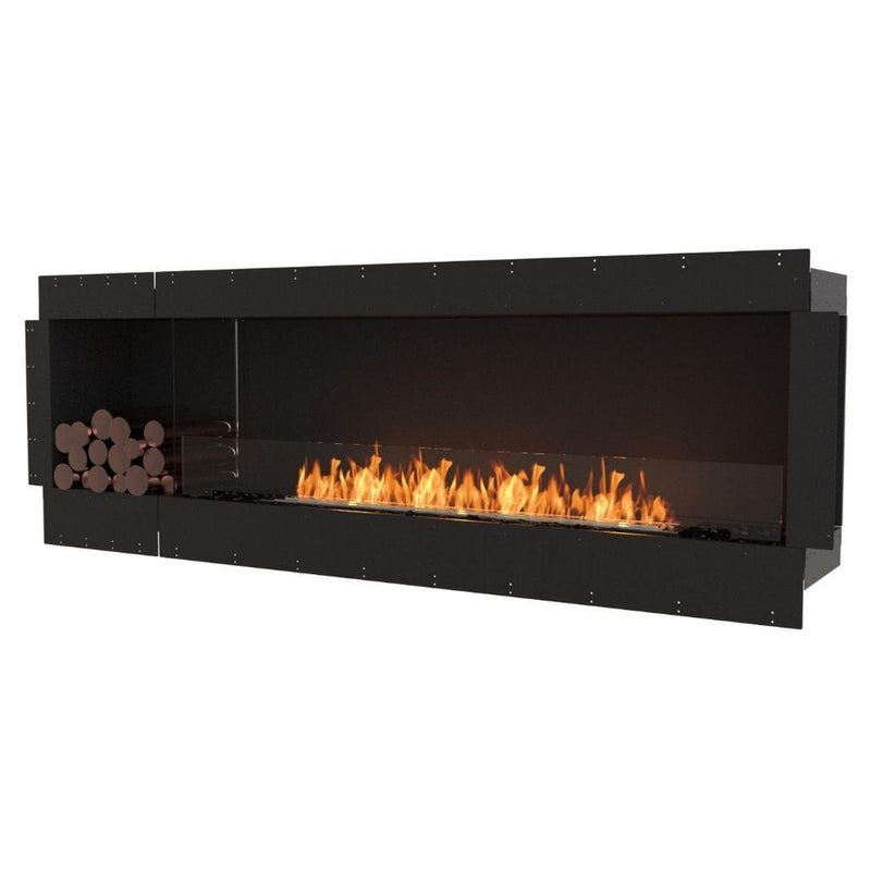 EcoSmart Fire Flex 86SS 94" Black Single Sided Ethanol Fireplace Insert with Stainless Steel Burner and Left Side Decorative Box with Black Glass Charcoal by Mad Design Group