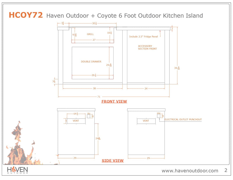 Haven Outdoor 72" Aluminum Kitchen Island with Plain Panel & Durable Weather-Resistant Finish