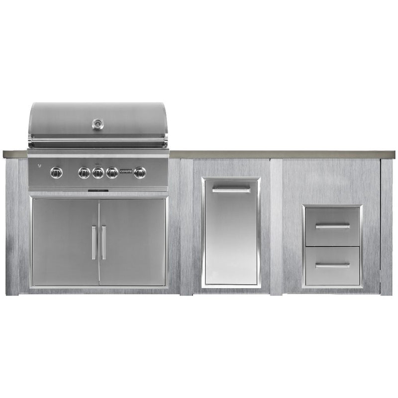 Haven 96-Inch Outdoor Kitchen Island with Trash Center, 2 Drawer Cabinet & American-Made Gas Grill