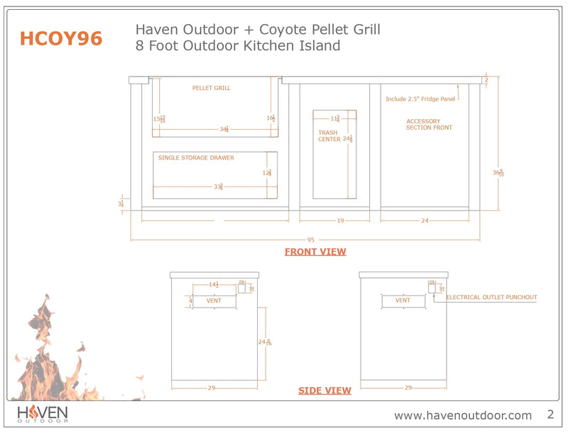 Haven 96-Inch Outdoor Kitchen Island with Plain Panel & Cutouts for 36-Inch Pellet Grill