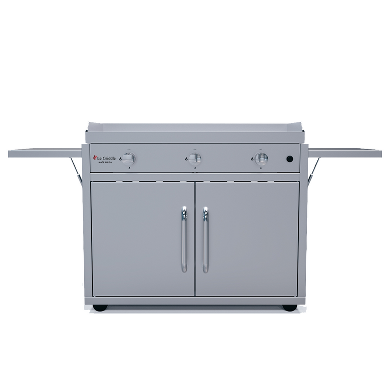Le Griddle The Big Texan 41” Freestanding Gas Griddle with Cart, 3 Burners, Dual Plate Surface & Fold-Down Side Shelves