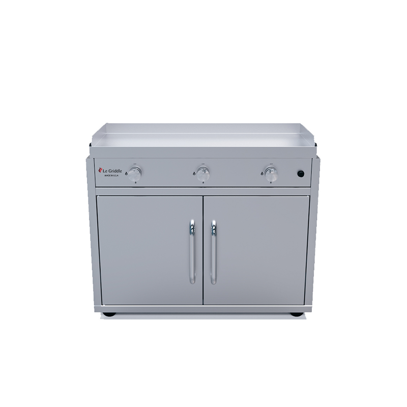 Le Griddle The Big Texan 41” Freestanding Gas Griddle with Cart, 3 Burners, Dual Plate Surface & Fold-Down Side Shelves