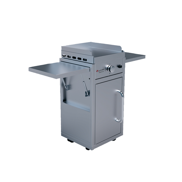 Le Griddle Wee 16” Stainless Steel Gas Griddle with Cart and Fold-Down Side Shelves