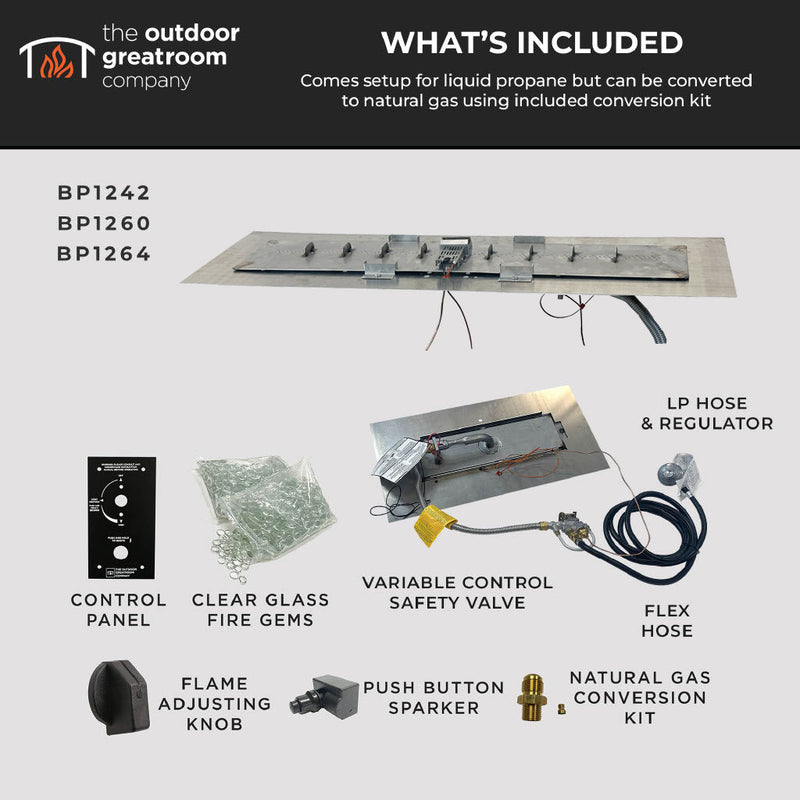 The Outdoor GreatRoom Company 13.5" x 96" Linear Gas Burner Kit with Manual Ignition and Crystal Fire Plus Stainless Plate