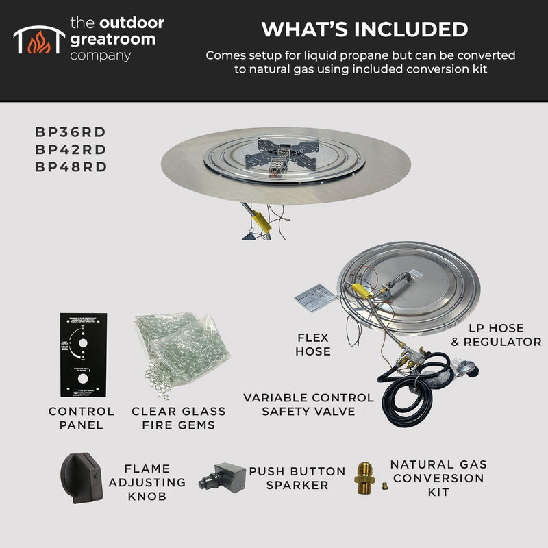 The Outdoor GreatRoom Company 30" Round Crystal Fire Plus Direct Spark LPG Burner Kit with Stainless Steel Plate