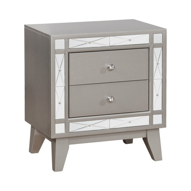 Wooden Nightstand With 2 Drawers, Mercury Silver