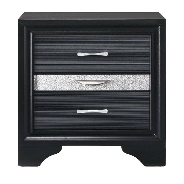 Two Tone Wooden Nightstand With Three Drawers, Black And Silver