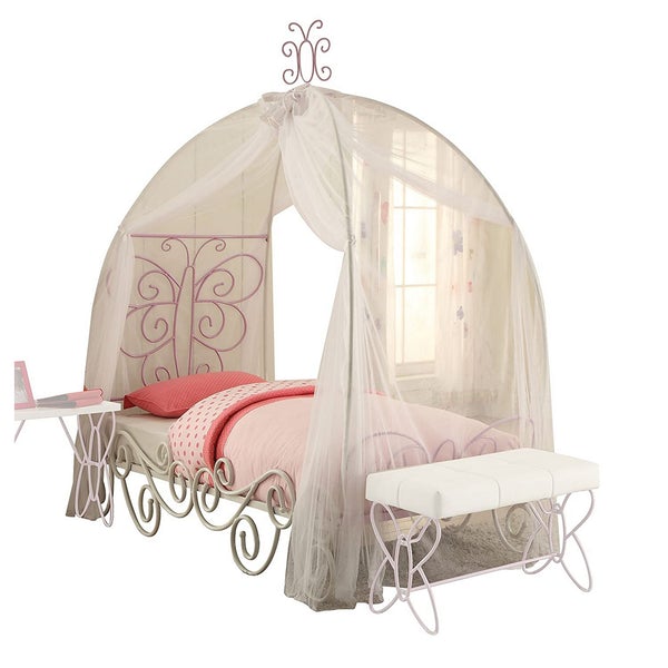 Contemporary Metal Twin Bed With Scrollwork, White And Purple