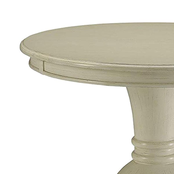 Round Shape Wooden Accent Table With Pedestal Base, Antique White