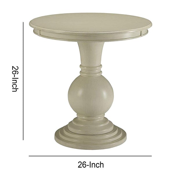 Round Shape Wooden Accent Table With Pedestal Base, Antique White