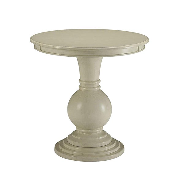 Round Shape Wooden Accent Table With Pedestal Base, Antique White