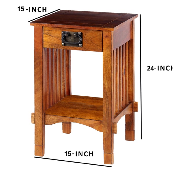 Spacious Mango Wood Nightstand With Slatted Side Panels, Brown