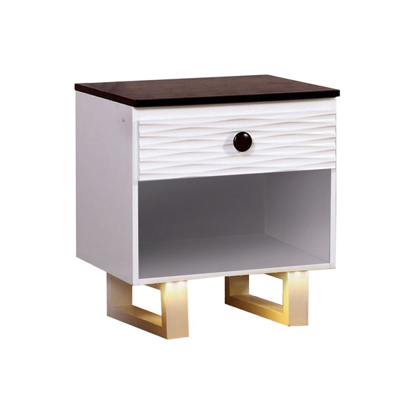 MEREDITH NIGHT STAND WITH USB OUTLET , White & Dark Walnut