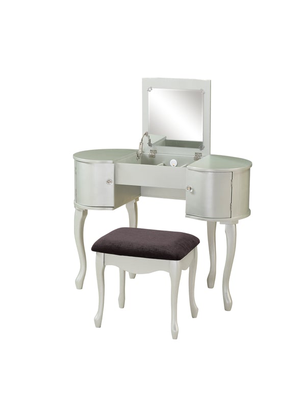 Wooden Vanity Set With Flip Top Mirror, Silver And Brown