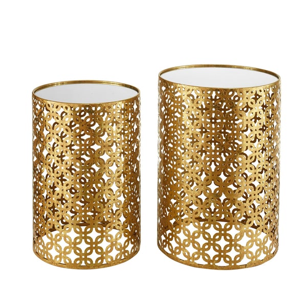 Pierced Metal Base Nesting Table With Mirror Top, Set Of 2, Gold
