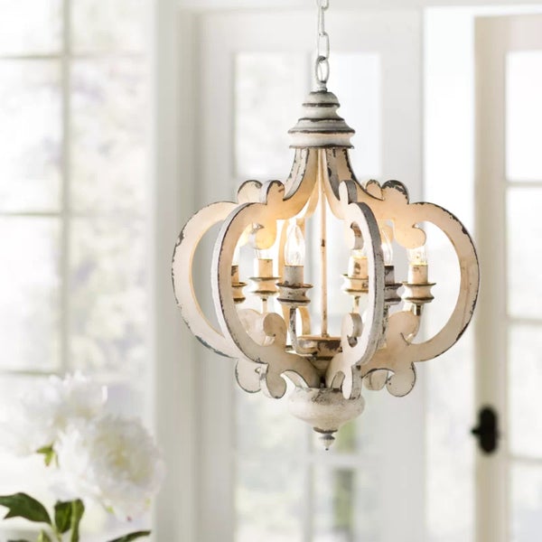 Antiqued Wood And Metal Chandelier, White - BM147073