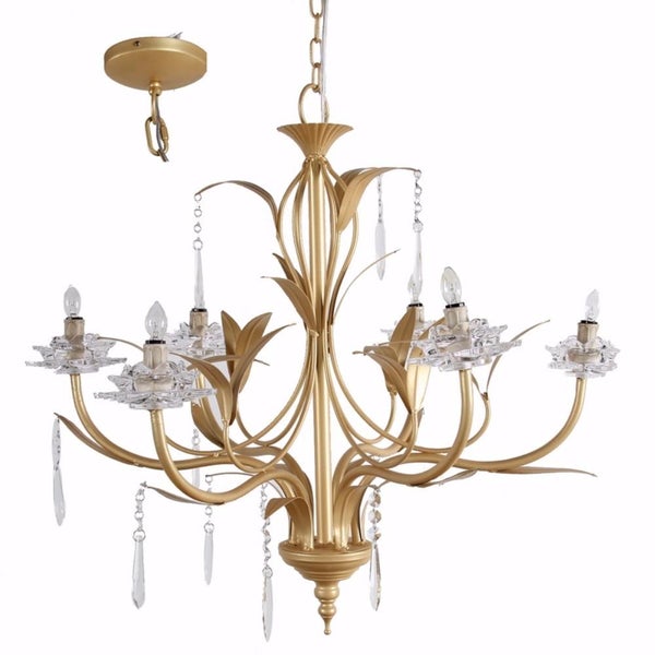 Glamorous Nature Inspired 6- Light Chandelier, Gold And Clear