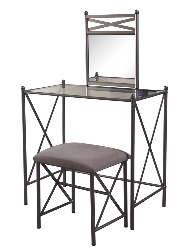Metal And Glass Vanity Set With Crossbar Support, Brown And Black