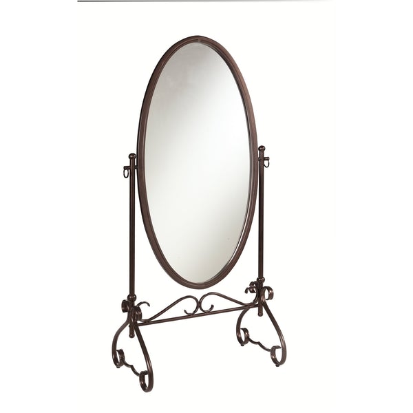 Oval Shaped Metal Cheval Mirror With Scrollwork Base, Brown And Clear - BM16782