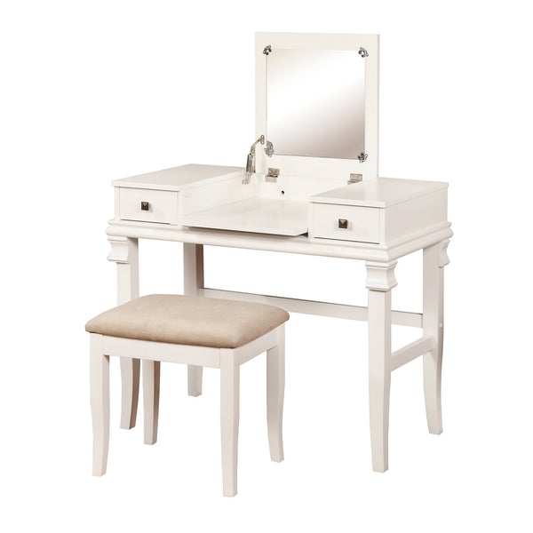 Wooden Vanity Set With Flip Top Mirror And 2 Drawers, White And Beige - BM16844