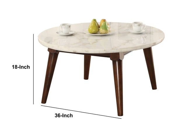 Wood Base Coffee Table With Marble Top, Walnut Brown