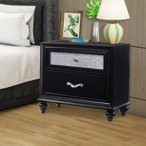 Two Drawers Wooden Night Stand With Acrylic Drawer Front, Black