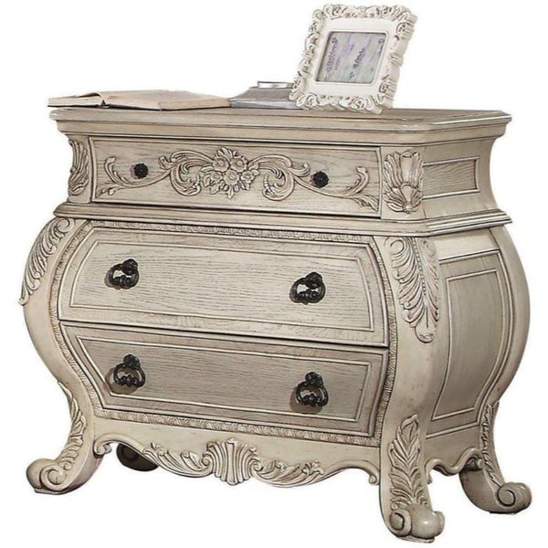 Three Drawer Wooden Nightstand With Scrolled Feet, Antique White