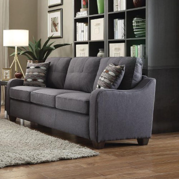 Benzara-Contemporary Linen Upholstered Wooden Sofa With Two Pillows, Gray