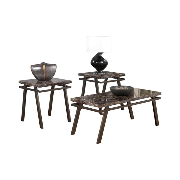 BM190105 - Faux Marble Top Table Set With Flared Metal Legs, Set Of Three, Brown And Black