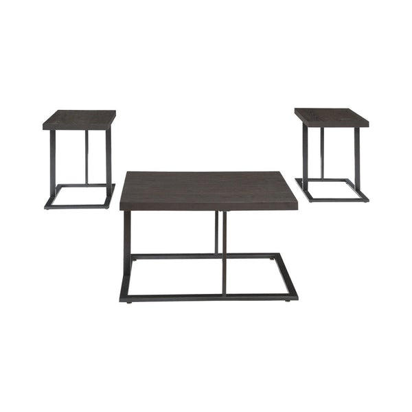 Metal Base Table Set With Floating Wooden Top, Set Of Three, Black