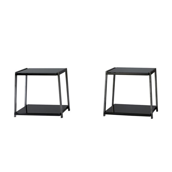 Metal Framed Table Set With Tempered Glass Top And Lower Shelf, Set Of Three, Black And Silver