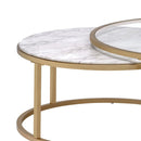 Metal Framed Nesting Coffee Tables With Glass And Marble Tops, Set Of Two, Gold