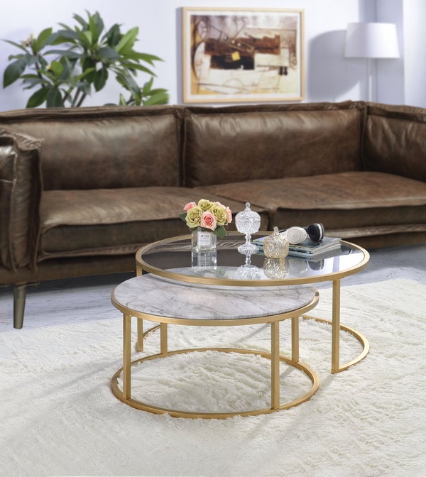 Metal Framed Nesting Coffee Tables With Glass And Marble Tops, Set Of Two, Gold