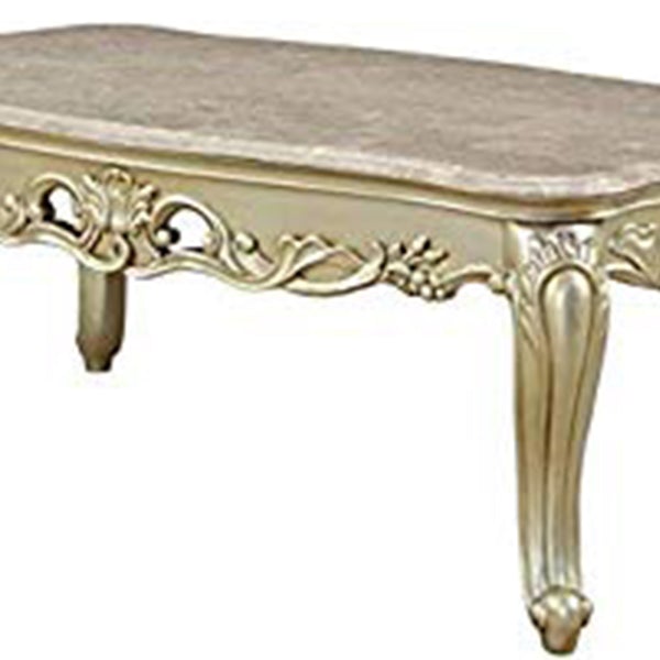 Wooden Coffee Table With Decorative Polyresin Carvings And Marble Top, White