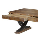 BM193861 -Rustic Wooden Coffee Table With Two Drawers And Metal X Shape Support, Black And Brown