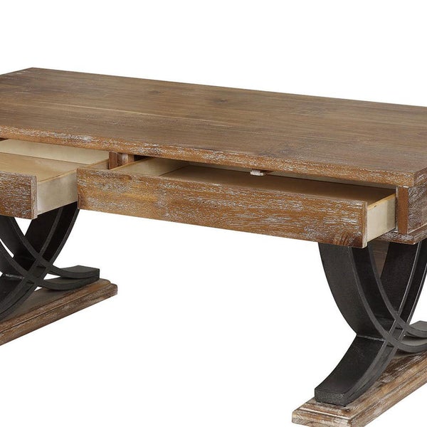 BM193861 -Rustic Wooden Coffee Table With Two Drawers And Metal X Shape Support, Black And Brown