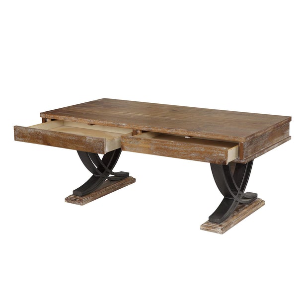 BM193861 -Rustic Wooden Coffee Table With Two Drawers And Metal X Shape Support, Black And Brown