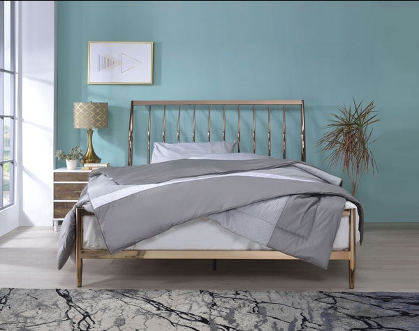 Industrial Metal Queen Bed With Tapered Legs And Slated Headboard, Copper