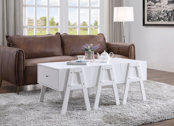 Three Drawers Wooden Convertible Coffee Table With Angled Legs, White